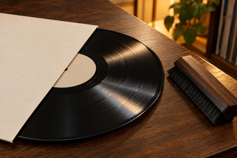 A vinyl record, plain sleeve and record brush on walnut.